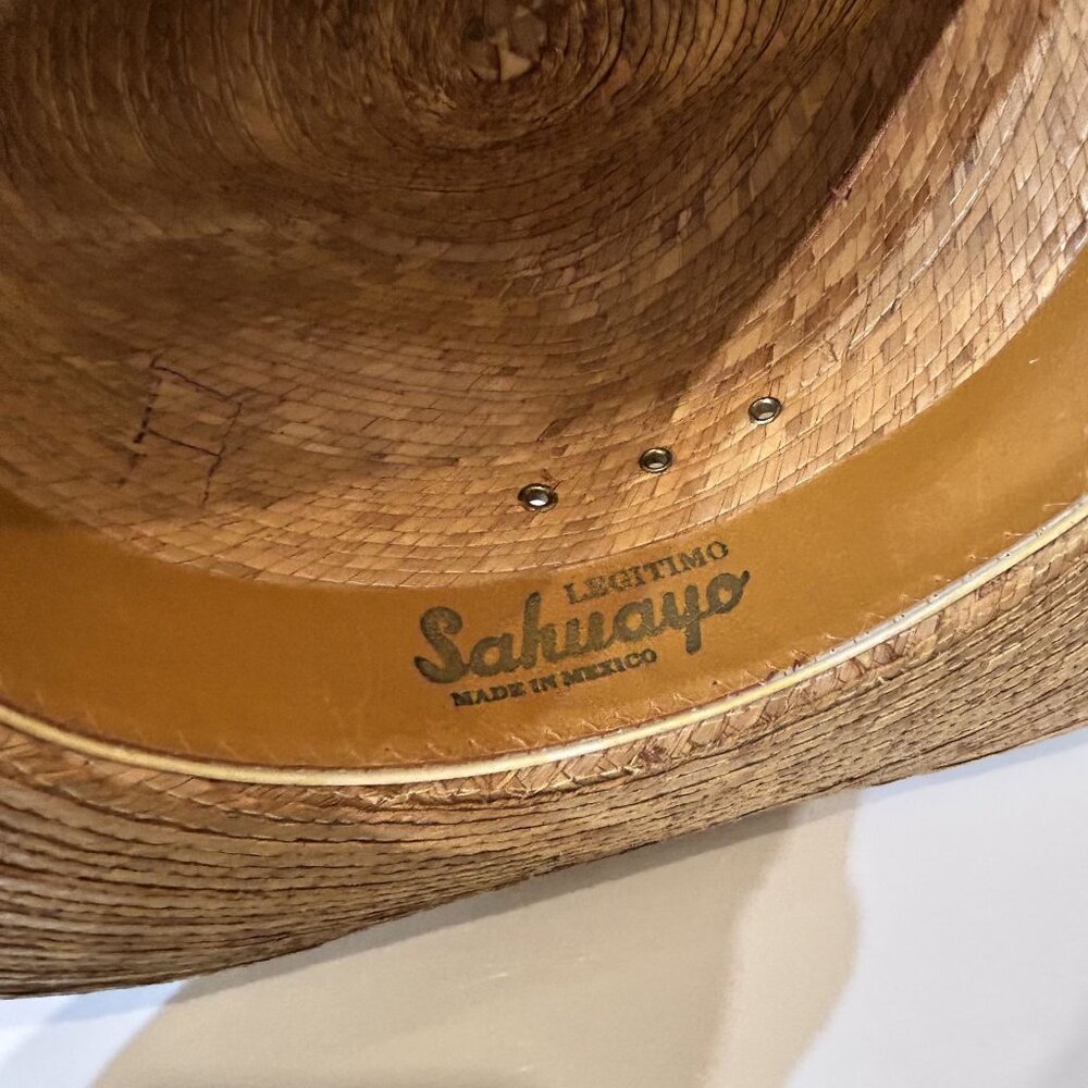 Vintage Sahuayo Mexican Palm Straw Hat Wide Brim Ventilated Crown Sun Beach - Picture 9 of 11